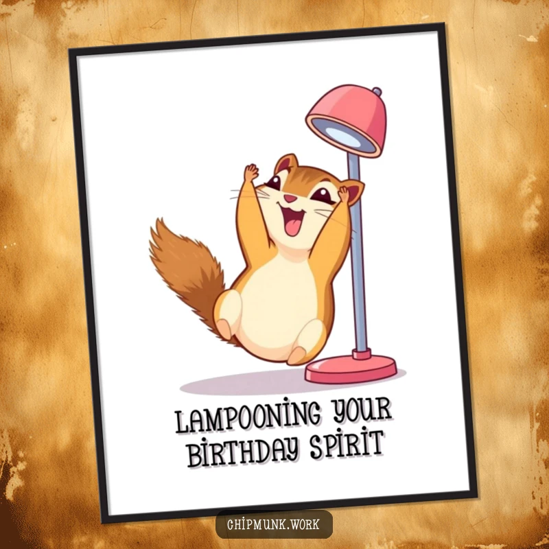 Funny Free Printable Wall Art: Chipmunk hanging upside down from a desk lamp, giggling. Whimsical and humorous decor.