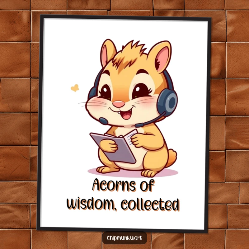Funny Free Printable Wall Art: A chipmunk sporting a headset, diligently and happily taking notes in a small book.
