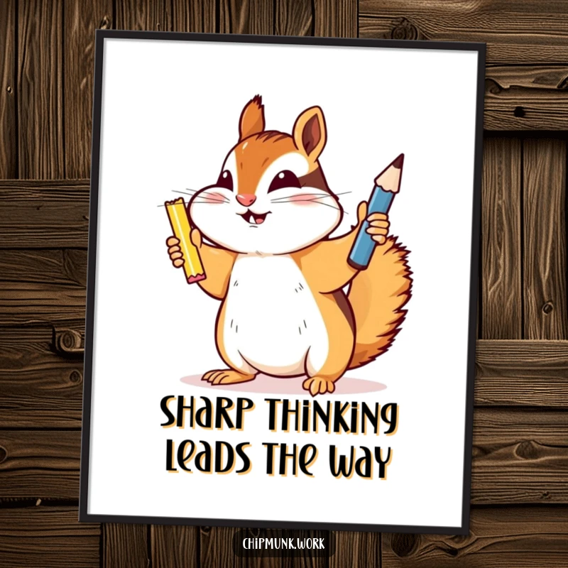 Funny Free Printable Wall Art: A chipmunk holding up a newly sharpened pencil triumphantly, celebrating preparedness.