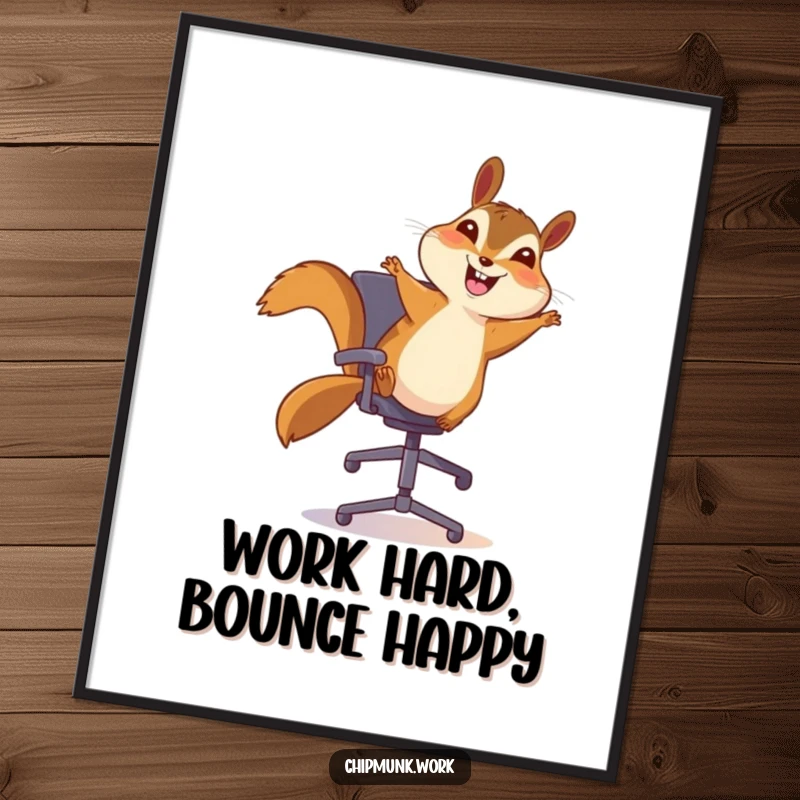 Funny Free Printable Wall Art: A chipmunk with a huge smile, happily bouncing on an office chair, pure excitement.