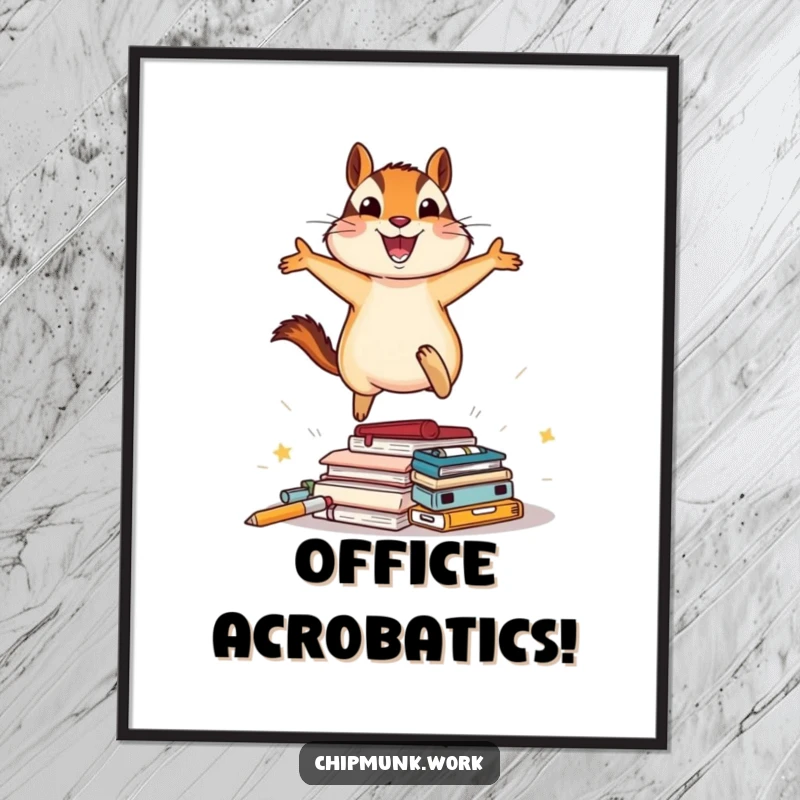 Funny Free Printable Wall Art: A chipmunk gleefully leaps over a pile of office supplies, bringing energetic humor to your decor.