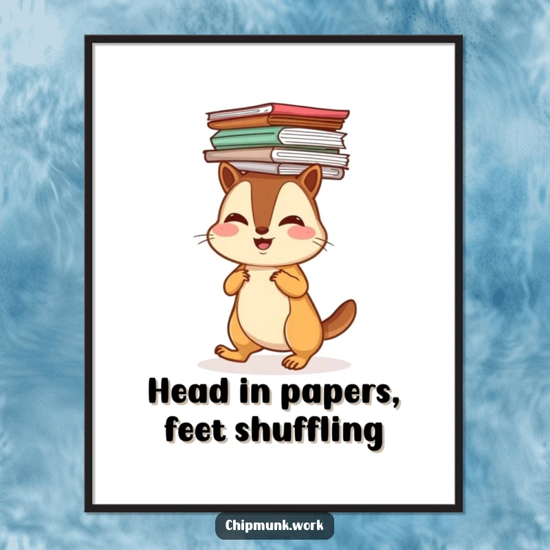 Funny Free Printable Wall Art: A cheerful chipmunk waddling with a tall stack of papers balanced perfectly on its head, a humorous scene.