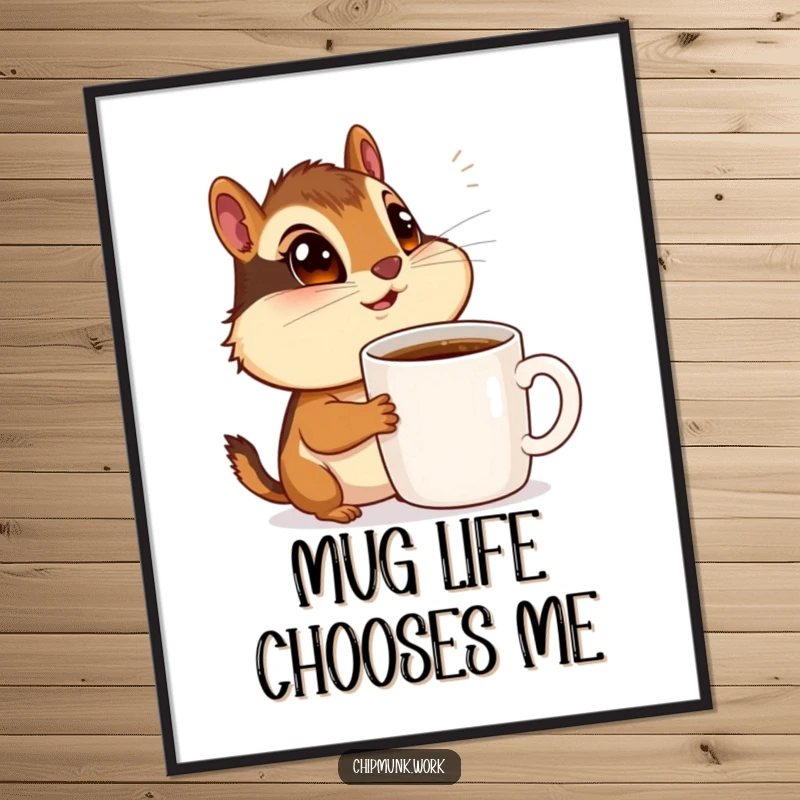 Funny Free Printable Wall Art: Wide-eyed chipmunk gazes in adorable admiration at a looming coffee mug, whimsical art.