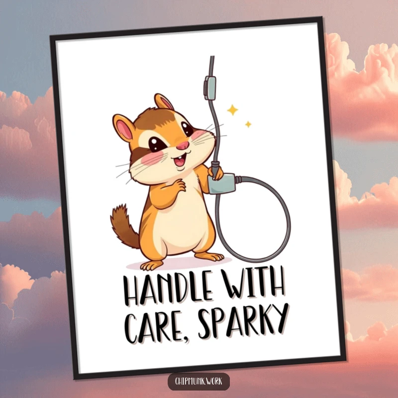 Funny Free Printable Wall Art: A chipmunk is captivated, playfully swatting at a dangling electrical cord, a symbol of curious energy.