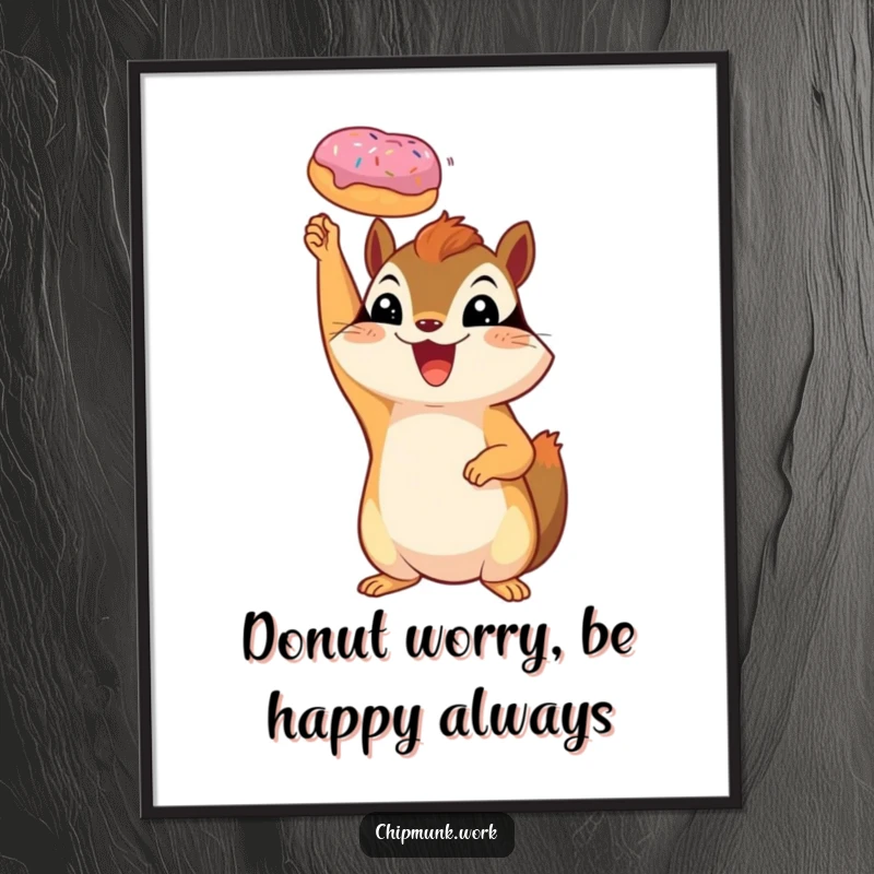 Funny Free Printable Wall Art: A cheerful chipmunk holds a miniature donut high in triumph, celebrating a delicious win with joy
