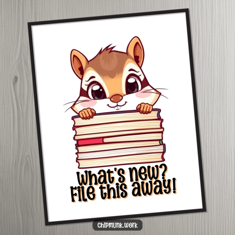 Funny Free Printable Wall Art of a chipmunk peeking over a stack of files with wide, curious eyes, quirky downloadable art.