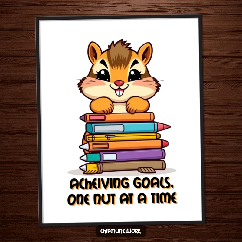 Funny Free Printable Wall Art of a determined chipmunk stacking colorful, wonky office supplies, quirky downloadable office decor.