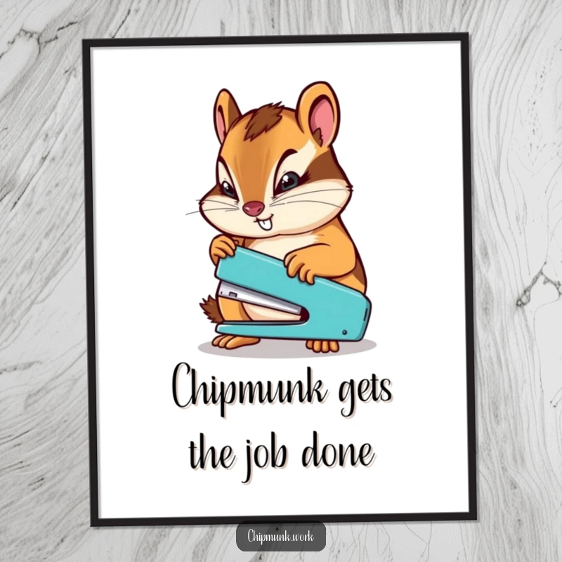 Funny Free Printable Wall Art: A chipmunk with fierce determination uses a miniature stapler, highlighting precision and humor.