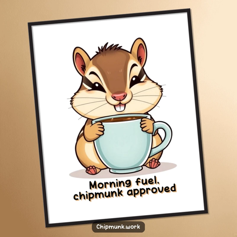 Funny Free Printable Wall Art: A chipmunk with an infectious goofy smile sips from a tiny coffee cup, radiating pure joy.