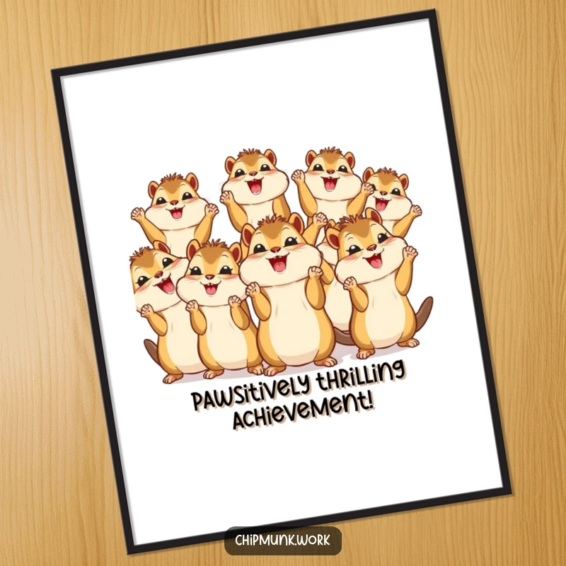 Funny Free Printable Wall Art: A vibrant group of kawaii chipmunks enthusiastically cheer with tiny paws held high in the air.