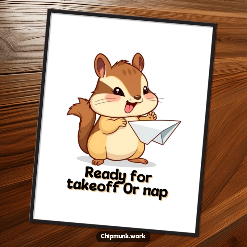 Funny Free Printable Wall Art of a chipmunk proudly presenting a crumpled paper airplane, quirky downloadable art for inspiration.
