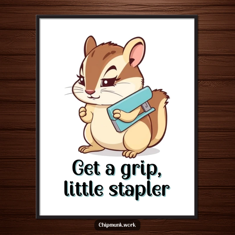 Funny Free Printable Wall Art: A chipmunk with an intense, determined look on its face, expertly operating a miniature stapler.