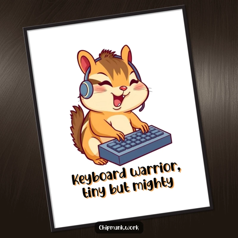 Funny Free Printable Wall Art: Chipmunk wearing a headset, typing with focus, perfect for a tech or office theme.