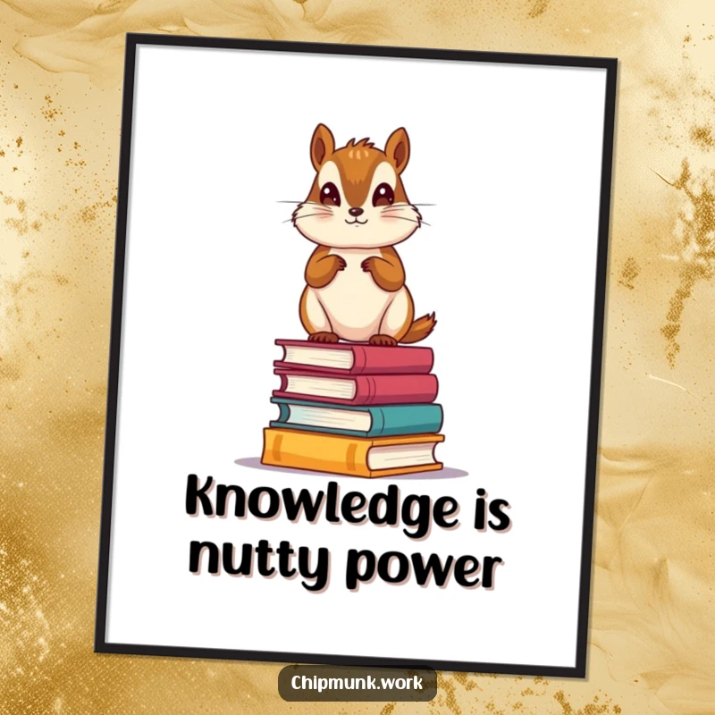 Funny Free Printable Wall Art: A chipmunk stands proudly atop a stack of miniature books, exuding scholarly charm.