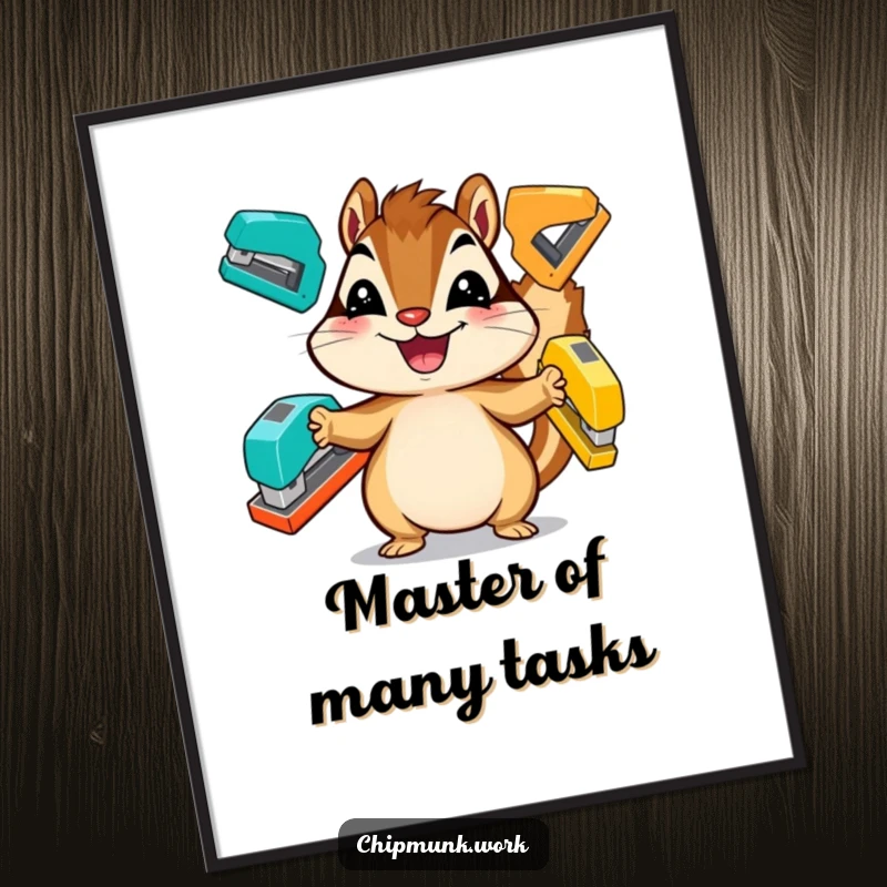 Funny Free Printable Wall Art: A chipmunk beams with joy as it skillfully juggles three colorful staplers, creating a playful and energetic scene.