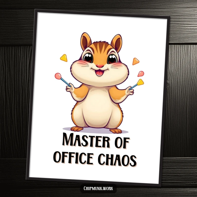 Funny Free Printable Wall Art: An excited chipmunk juggles several staplers with wide eyes, creating a humorous, dynamic scene. Downloadable art.