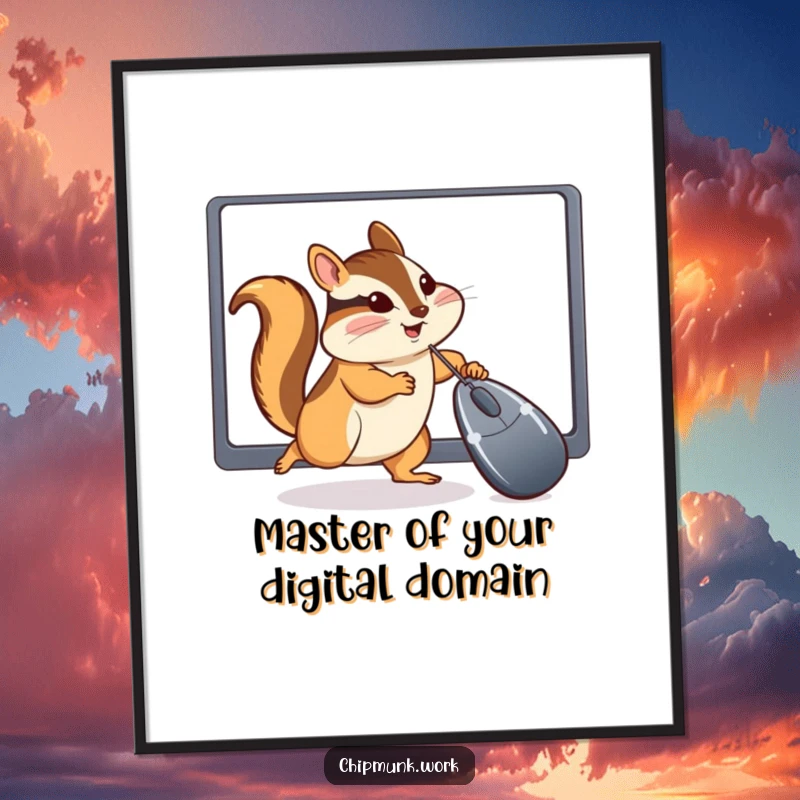 Funny Free Printable Wall Art: A cute chipmunk humorously chases a computer mouse cursor across a glowing digital screen.