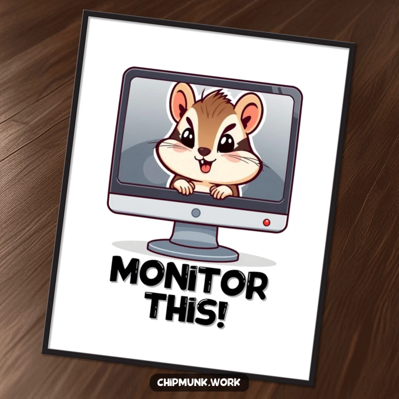 Funny Free Printable Wall Art: A curious chipmunk peeks from behind a computer monitor, adding playful tech humor to your decor.