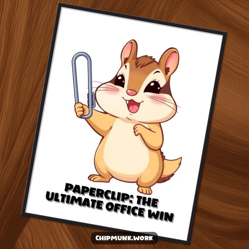 Funny Free Printable Wall Art: A chipmunk victoriously holds a tiny, oversized paperclip, showcasing a quirky win.