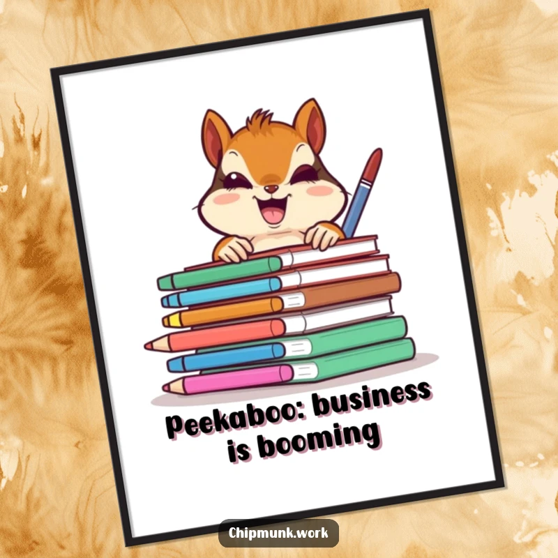 Funny Free Printable Wall Art: A chipmunk peeks gleefully from behind a stack of bright, colorful office supplies.