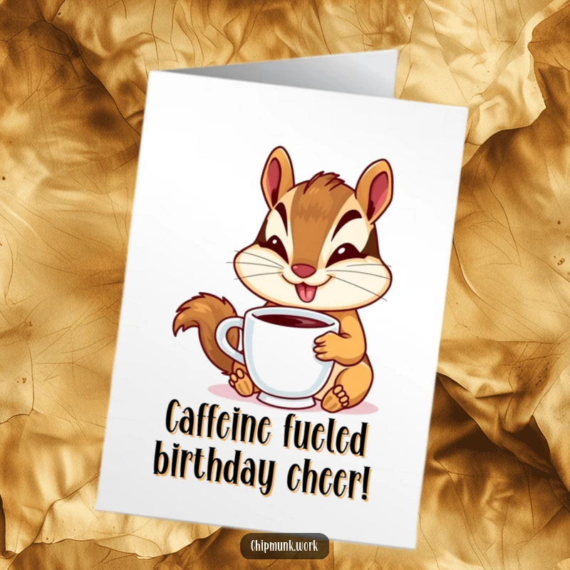 Funny Free Printable Birthday Card: Goofy chipmunk with a huge smile gleefully sips from a tiny coffee cup.
