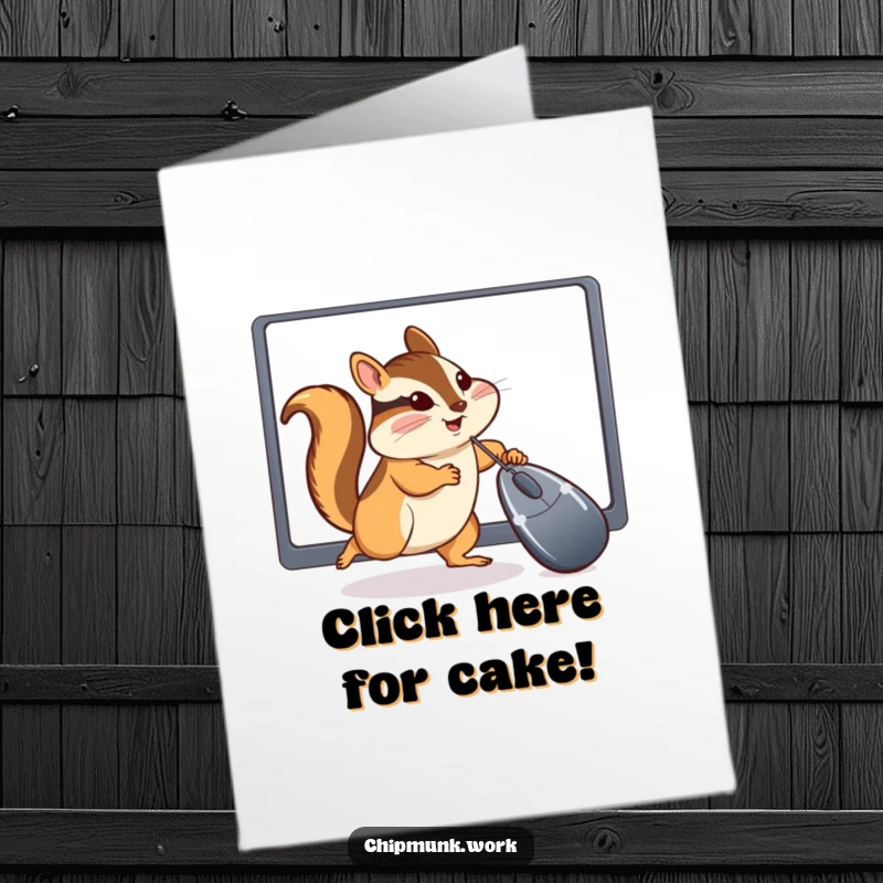 Funny Free Printable Birthday Card: A cute chipmunk humorously chasing a computer mouse cursor across a glowing screen.