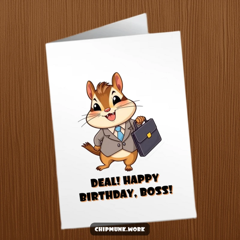 Free Printable Birthday Card: A small, round chipmunk dressed in a tiny business suit excitedly clutches a briefcase, ready for fun.