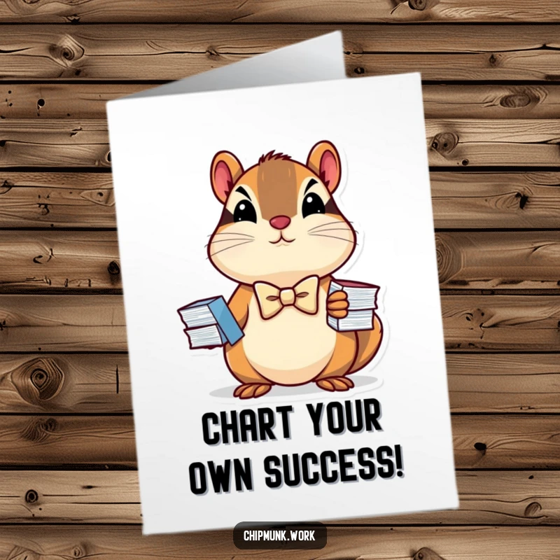 Funny Free Printable Birthday Card: Determined chipmunk in a bowtie proudly holds a tiny stack of charts, ready to celebrate.