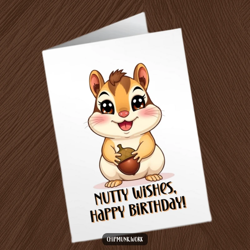Free Printable Birthday Card: A happy, wide-eyed chipmunk enthusiastically presenting a single, perfect acorn.