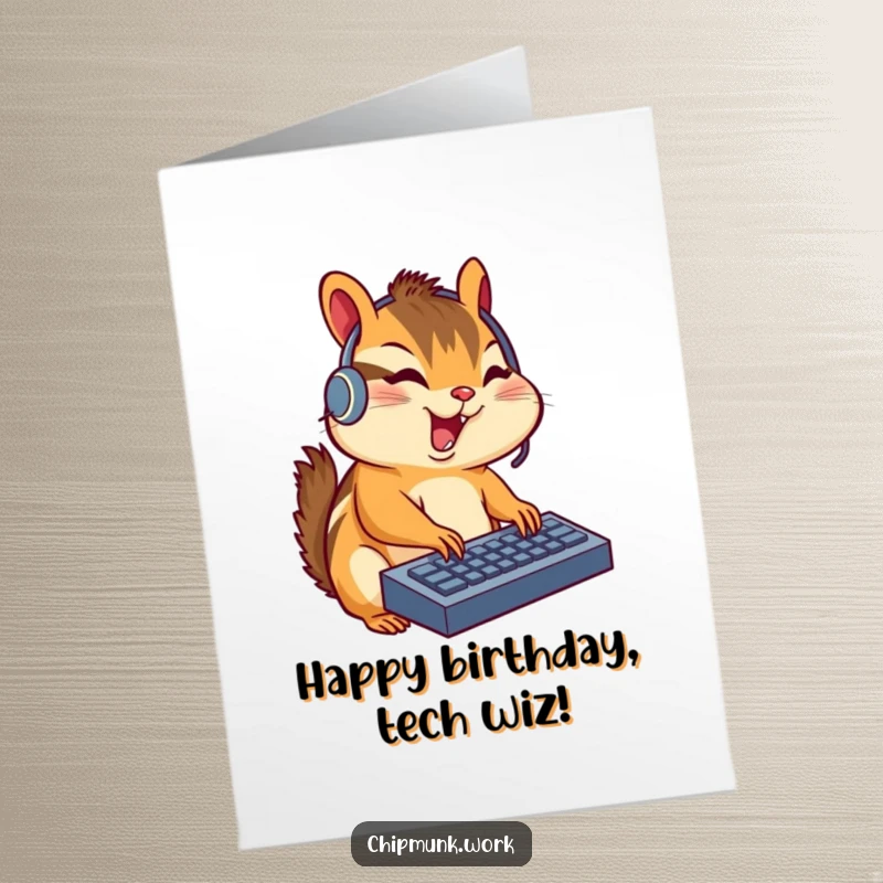 Funny Free Printable Birthday Card: Chipmunk wearing a headset, excitedly typing on a miniature keyboard, sending birthday wishes.