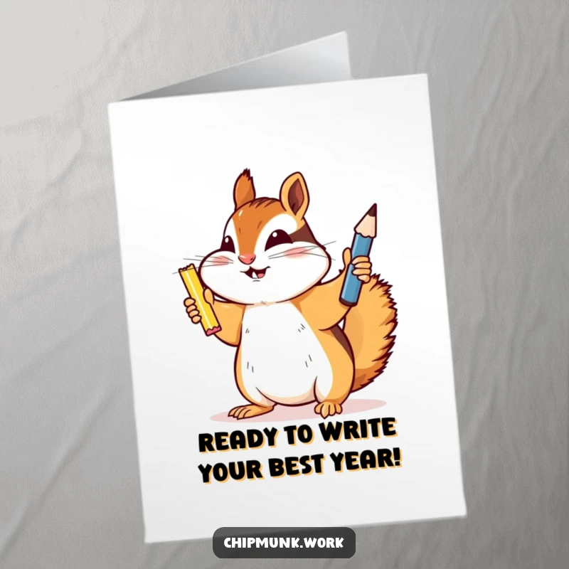 Funny Free Printable Birthday Card: Chipmunk proudly holding up a newly sharpened pencil, triumphant and cheerful.
