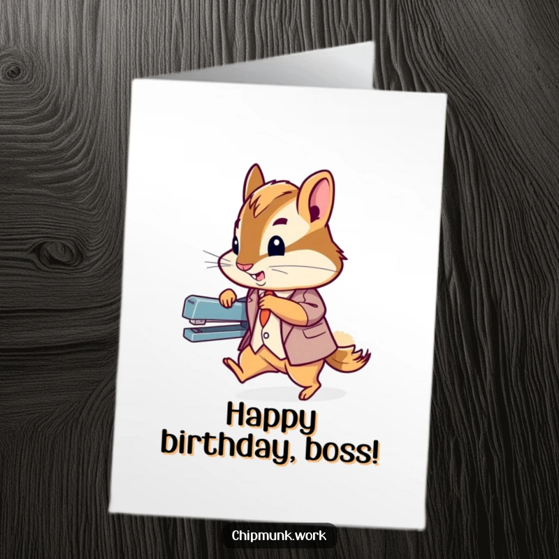 Funny Free Printable Birthday Card: Tiny chipmunk in a suit zooming past a stapler with speed and style.