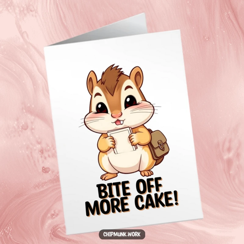 Funny Free Printable Birthday Card: Mischievous chipmunk with giant cheeks stuffs papers into a tiny satchel, ready for a laugh.