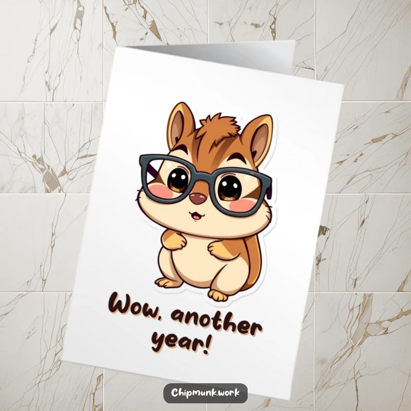 Funny Free Printable Birthday Card: A chipmunk's eyes wide with surprise behind comically large, oversized glasses.