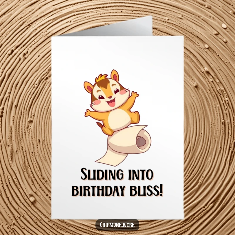 Funny Free Printable Birthday Card: A chipmunk gleefully slides down a paper roll with an energetic leap.