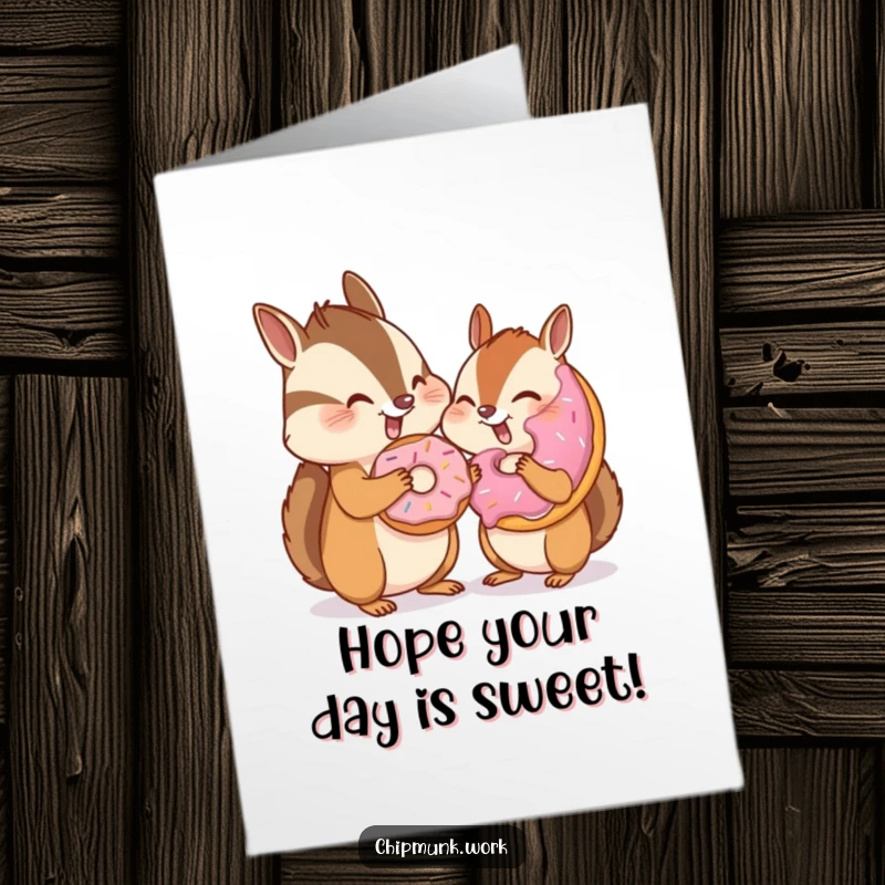 Funny Free Printable Chipmunk Card: A chipmunk sharing a donut with an invisible friend, winking playfully.