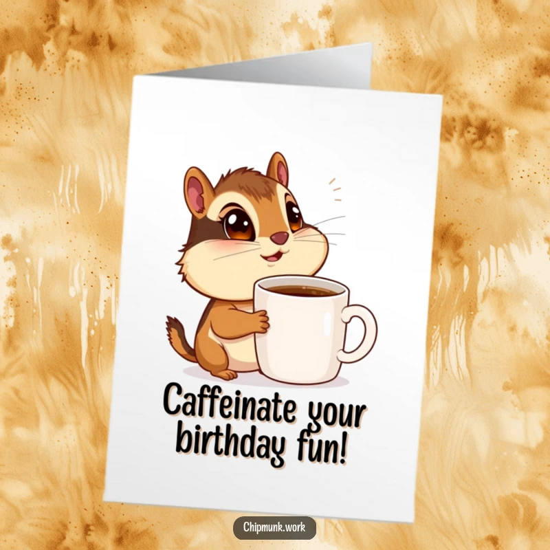 Funny Free Printable Birthday Card: Wide-eyed chipmunk gazes in awe at an enormous coffee mug.