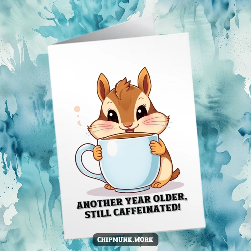 Funny Free Printable Birthday Card: Chipmunk gleefully sips coffee, eyes wide with morning joy, perfect for a humorous greeting.