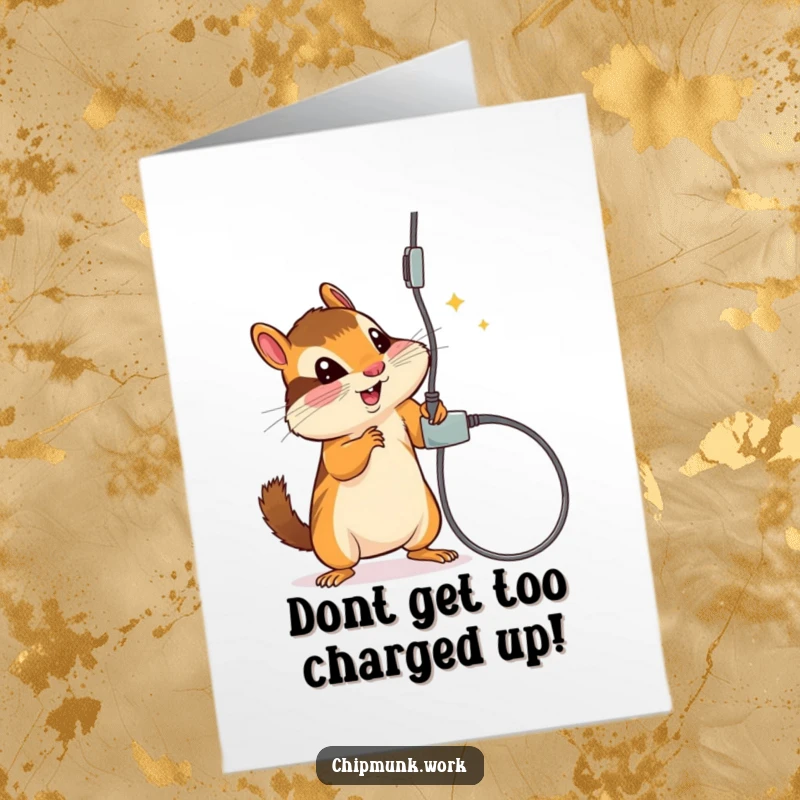 Funny Free Printable Birthday Card: A chipmunk playfully bats at a dangling electrical cord, embodying birthday excitement and a touch of danger.