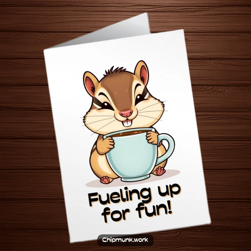 Funny Free Printable Birthday Card: A chipmunk grins goofily while sipping from a tiny coffee cup, ready to party hard.
