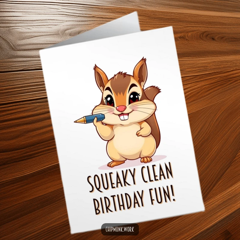 Funny Free Printable Birthday Card: Chipmunk balancing a pen on its nose, grins mischievously, ready for a birthday surprise.