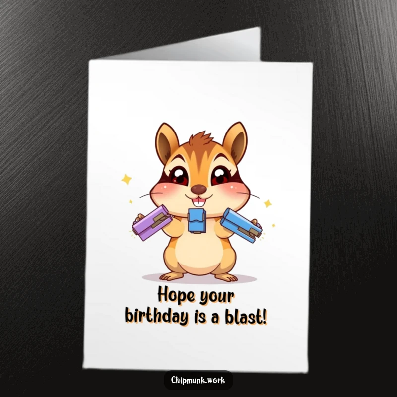 Funny Free Printable Birthday Card: An excited chipmunk juggles three staplers, ready to celebrate a chaotic birthday.