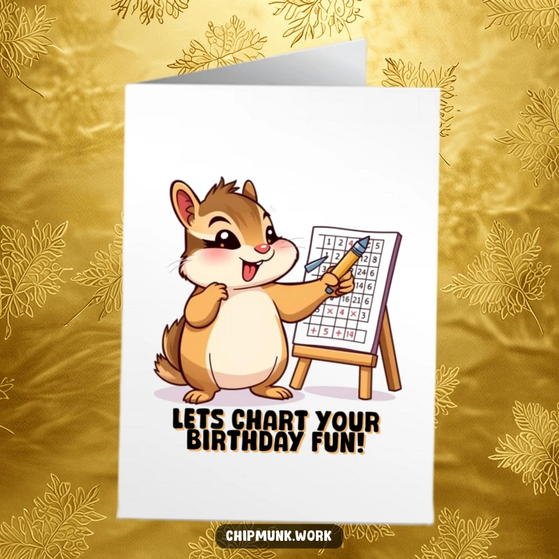 Funny Free Printable Birthday Card: An energetic chipmunk excitedly points at a chart with a pen.