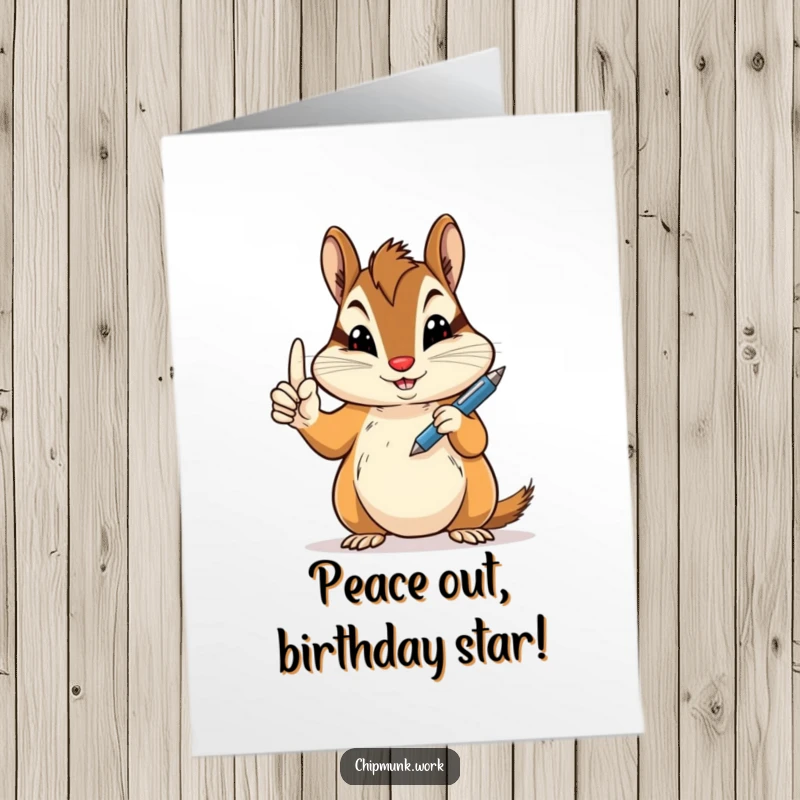 Funny Free Printable Birthday Card: A chipmunk cheerfully offers a peace sign while jauntily holding a pen.