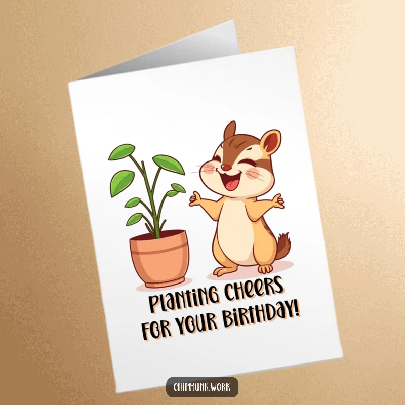 Funny Free Printable Birthday Card: Chipmunk sharing a hearty laugh with a desk plant, arms outstretched, cheerful.