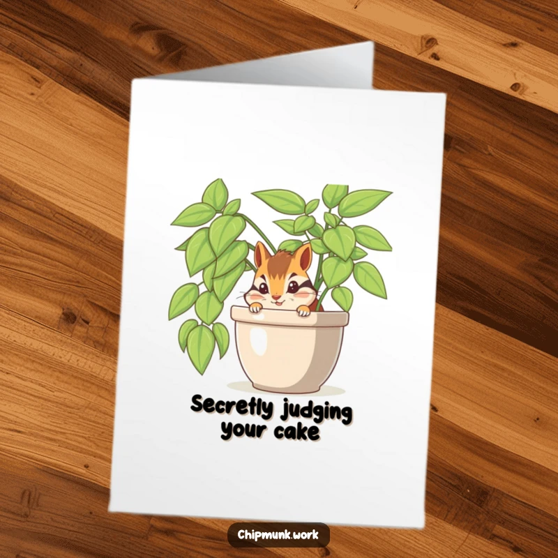 Funny Free Printable Birthday Card: A mischievous chipmunk peeks from behind a lush office plant, ready to deliver birthday cheer.