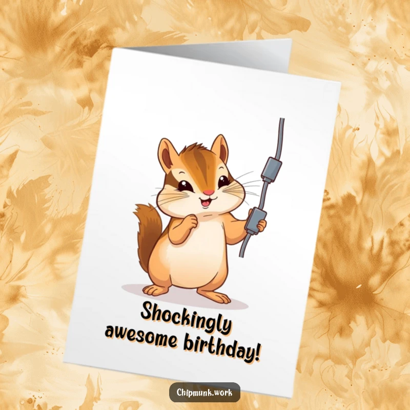 Funny Free Printable Birthday Card: Mischievous chipmunk playfully bats at a dangling electrical cord with a cheeky grin.