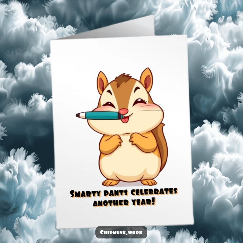Funny Free Printable Birthday Card: A cute chipmunk expertly balances a pen on its nose with a mischievous wink, ready to celebrate.