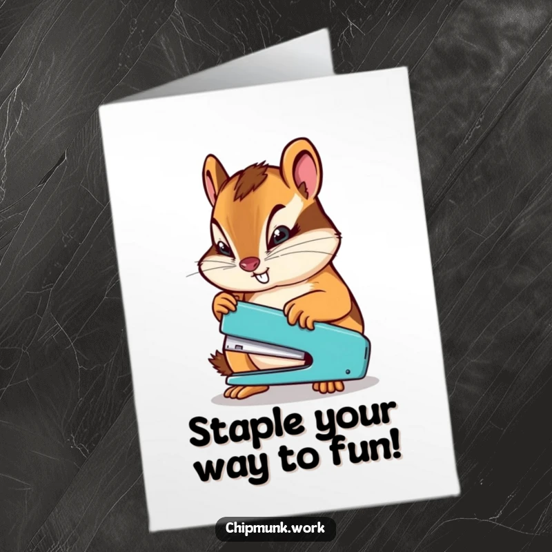 Funny Free Printable Birthday Card: A determined chipmunk uses a tiny stapler with intense focus for a special occasion.