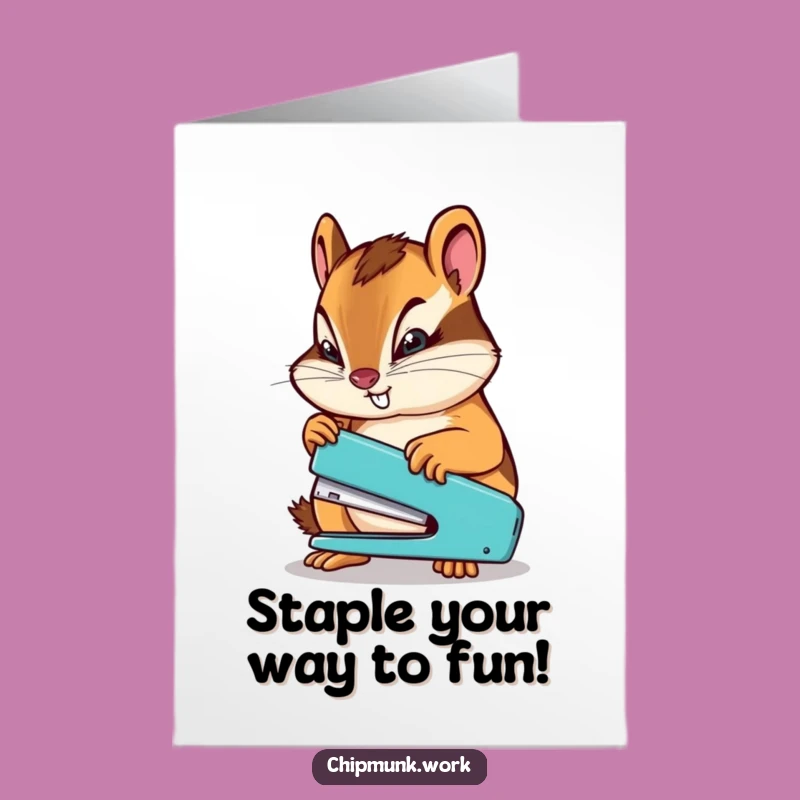 Free Printable Birthday Card: Determined Chipmunk Stapler - Funny Downloadable Gift!